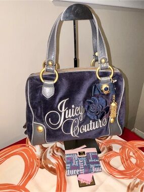 Juicy Couture Navy Blue Velour Handbag, NWT & Wallet Bundle, Preowned